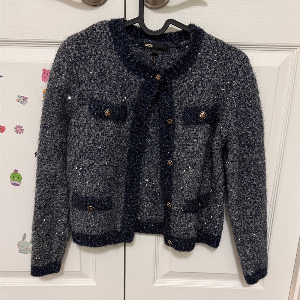 Maje Navy and Silver Tweed Sequin-Trim Cardigan